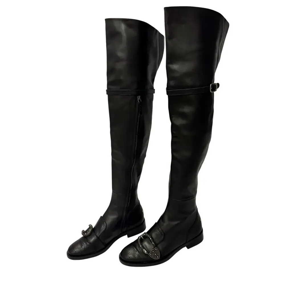Gucci Dionysus Thigh High Boots 38 Black Leather Bee Brogue Alessandro Michele